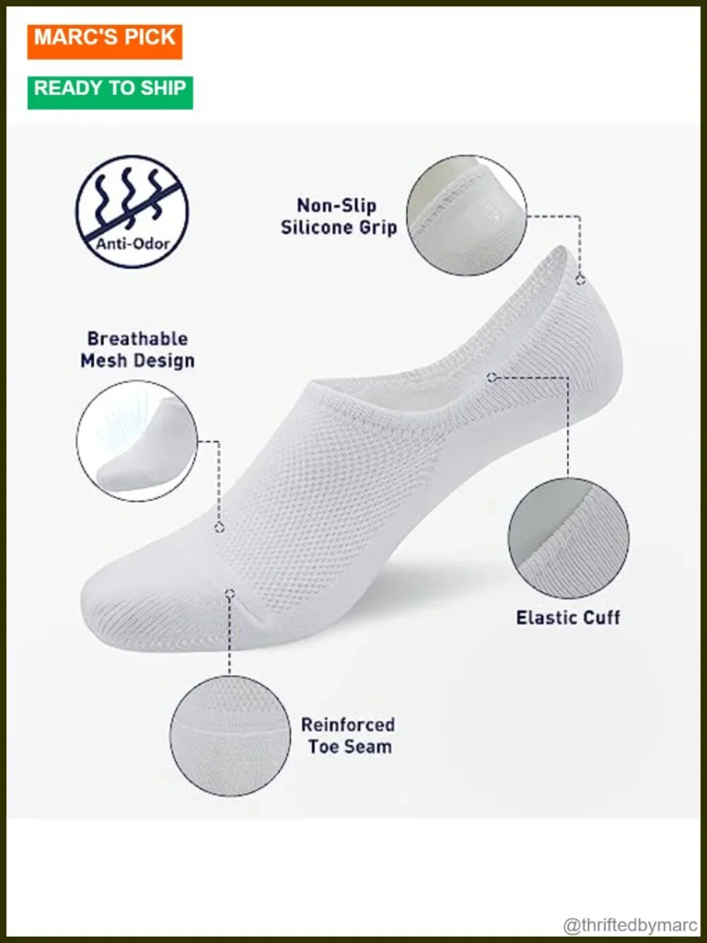 No Show Socks 6 Pack Men Invisible Low Cut Non Slip Silicone Grip Breathable